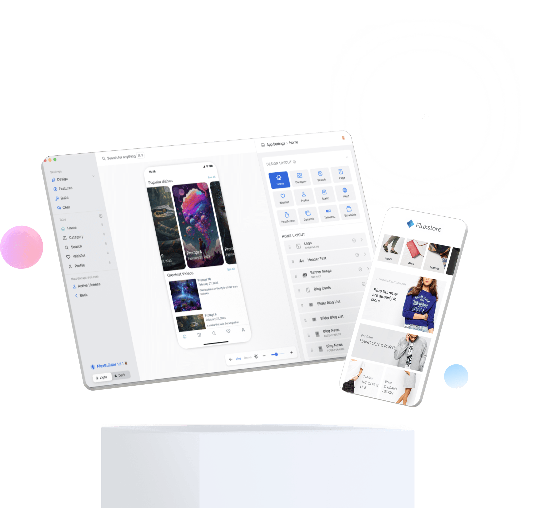 The FluxBuilder no-code visual app builder on desktop with a live native phone preview
