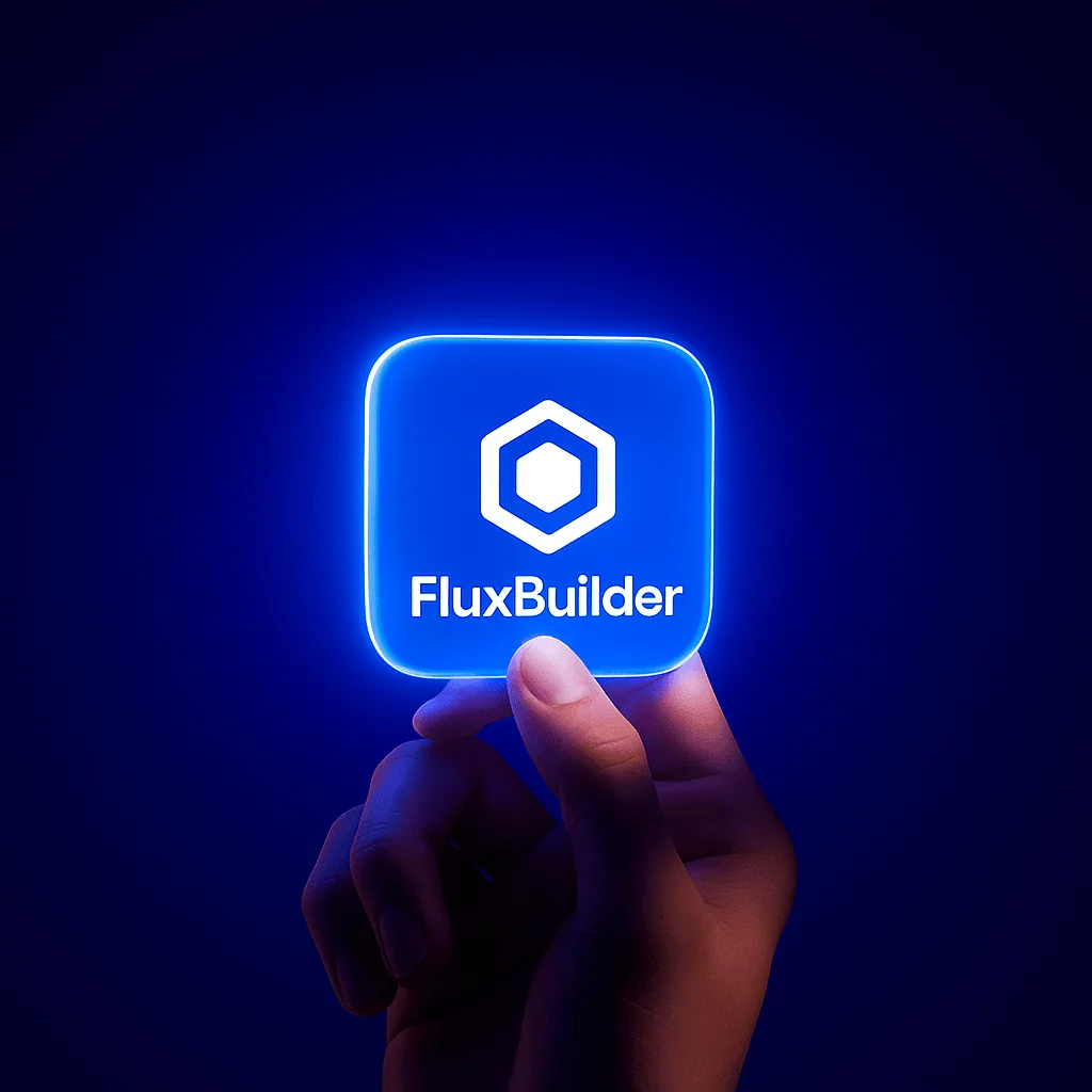 The FluxBuilder app icon glowing electric blue, held in a hand